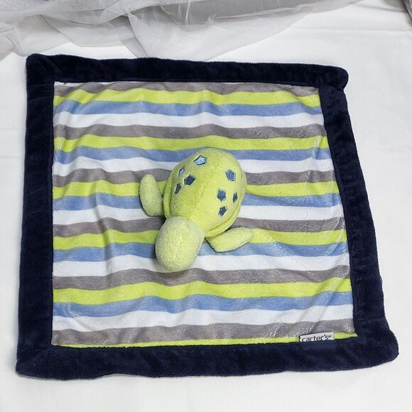 Carter's Baby Turtle 13" Lovey Security Blanket Plush Green Blue Gray Stripes - Picture 3 of 9